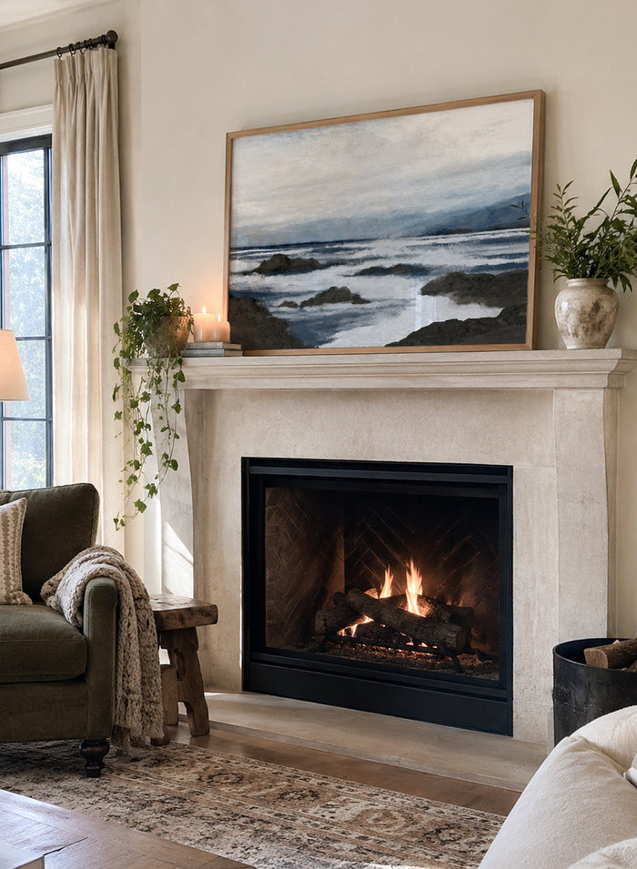 Shop Côte by Dan Hobday, a contemporary coastal wall art print featuring a moody ocean seascape, rocky shoreline, and layered blue-gray brushwork.