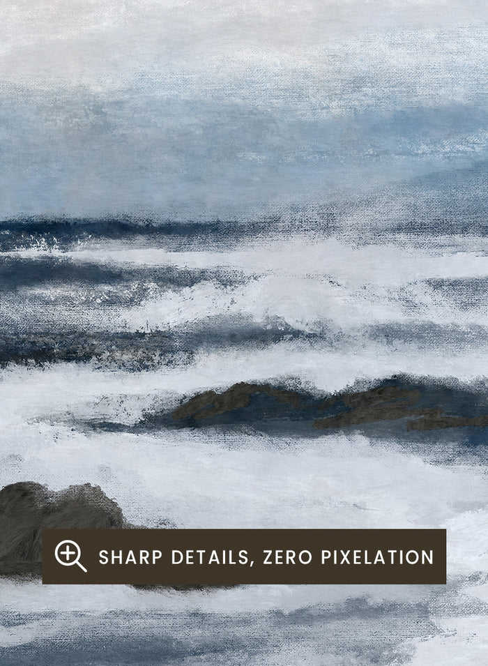 Shop Côte by Dan Hobday, a contemporary coastal wall art print featuring a moody ocean seascape, rocky shoreline, and layered blue-gray brushwork.