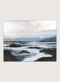 Shop Côte by Dan Hobday, a contemporary coastal wall art print featuring a moody ocean seascape, rocky shoreline, and layered blue-gray brushwork.