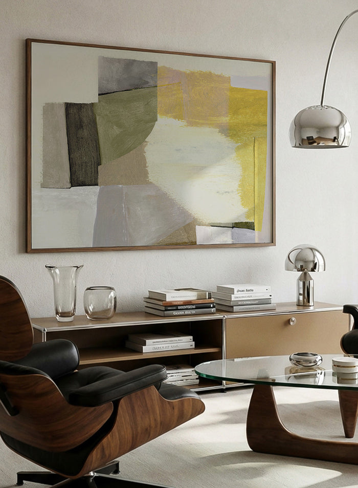 Shop Days by Dan Hobday, a contemporary abstract art print featuring mustard yellow, olive, taupe, black, and layered geometric forms with textured brushwork.