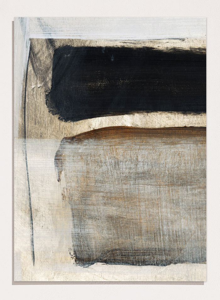 Abstract square artwork with broad textured brushstrokes in black, warm brown, gray, and off-white. Shop Desire by Dan Hobday, a contemporary abstract art print featuring bold black forms, earthy brown tones, layered brushwork, and a textured neutral palette.