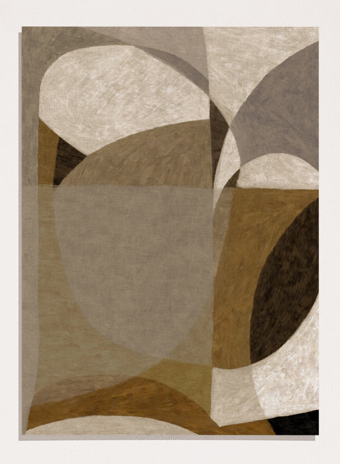 An abstract geometric area rug featuring overlapping organic shapes in shades of taupe, beige, brown, and charcoal gray. Shop Earthy Abstract Shapes by Dan Hobday, a neutral abstract art print featuring layered organic forms, warm earthy tones, and soft textured detail.