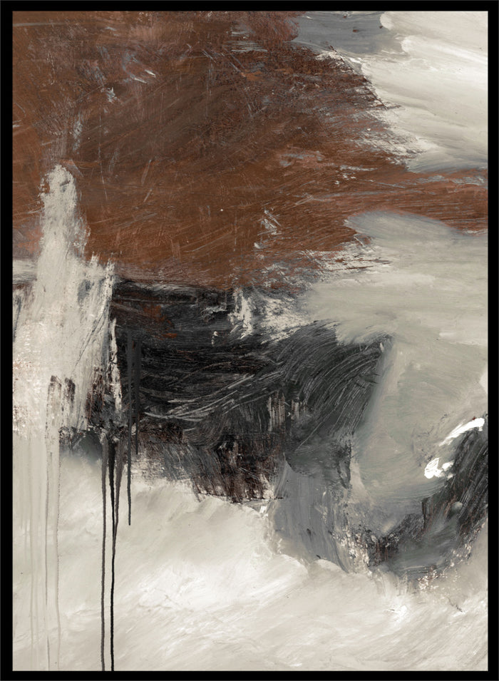 Shop Glow by Dan Hobday, a contemporary abstract art print featuring deep brown, charcoal, cream, and gray with expressive layered brush texture.