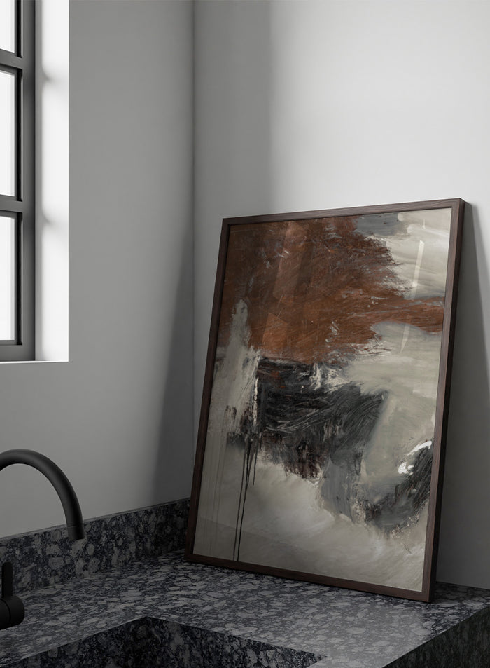 Shop Glow by Dan Hobday, a contemporary abstract art print featuring deep brown, charcoal, cream, and gray with expressive layered brush texture.