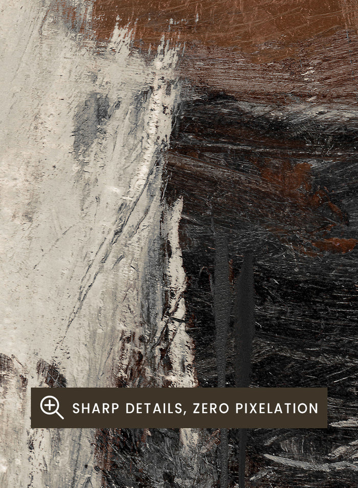 Shop Glow by Dan Hobday, a contemporary abstract art print featuring deep brown, charcoal, cream, and gray with expressive layered brush texture.