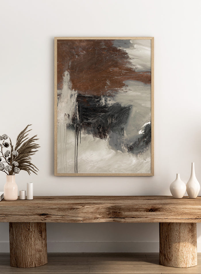 Shop Glow by Dan Hobday, a contemporary abstract art print featuring deep brown, charcoal, cream, and gray with expressive layered brush texture.
