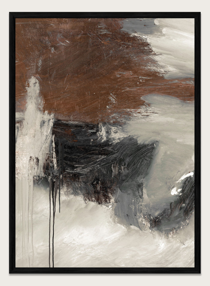 Shop Glow by Dan Hobday, a contemporary abstract art print featuring deep brown, charcoal, cream, and gray with expressive layered brush texture.