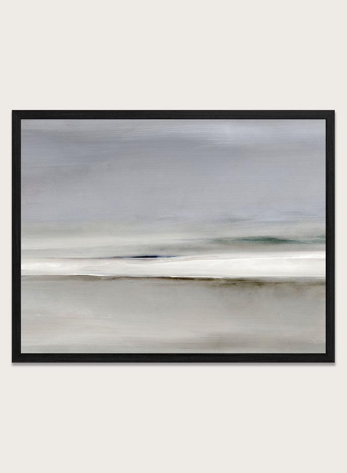 Shop Horizon by Dan Hobday, a soft abstract landscape art print featuring muted gray, green, and cream tones with layered horizontal brushwork.