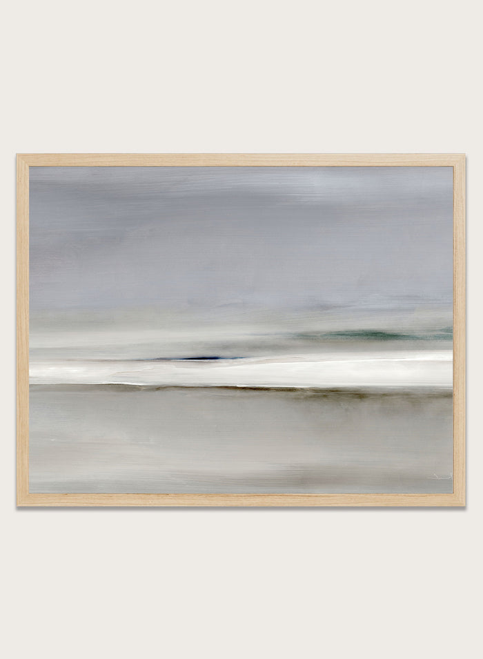 Shop Horizon by Dan Hobday, a soft abstract landscape art print featuring muted gray, green, and cream tones with layered horizontal brushwork.