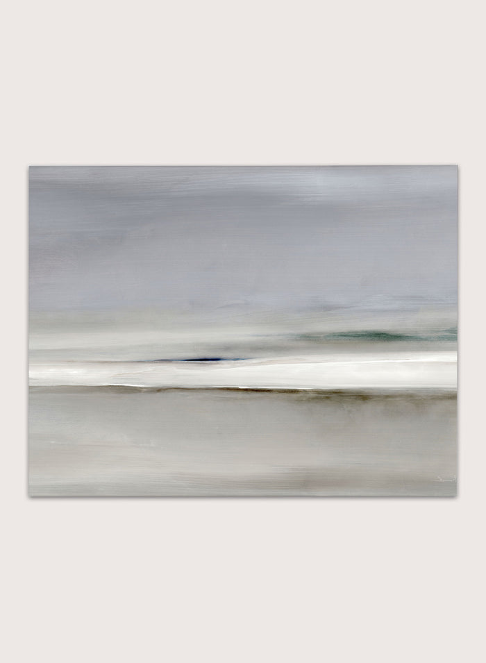 Shop Horizon by Dan Hobday, a soft abstract landscape art print featuring muted gray, green, and cream tones with layered horizontal brushwork.
