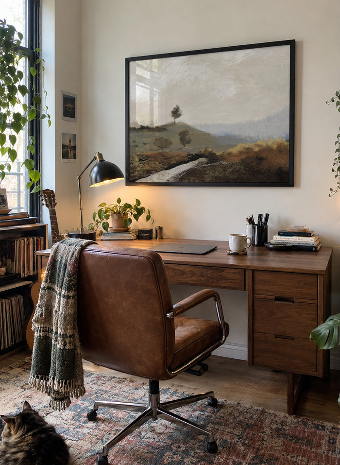 Shop La Collina by Dan Hobday, a contemporary landscape art print featuring rolling hills, scattered trees, earthy brown tones, and soft blue-gray distance.