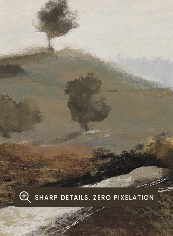 Shop La Collina by Dan Hobday, a contemporary landscape art print featuring rolling hills, scattered trees, earthy brown tones, and soft blue-gray distance.