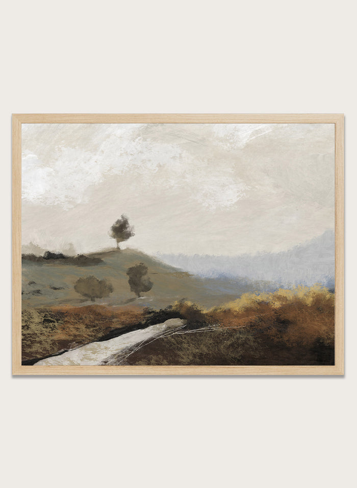 Shop La Collina by Dan Hobday, a contemporary landscape art print featuring rolling hills, scattered trees, earthy brown tones, and soft blue-gray distance.