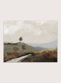 Shop La Collina by Dan Hobday, a contemporary landscape art print featuring rolling hills, scattered trees, earthy brown tones, and soft blue-gray distance.