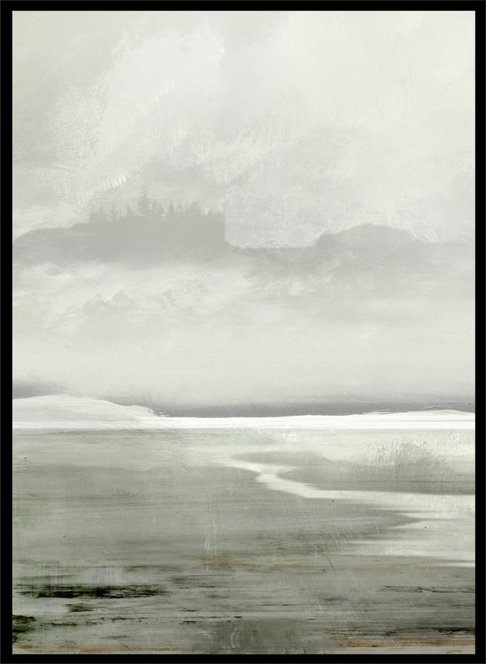 Shop Lakes No. 01 by Dan Hobday, a misty landscape art print featuring muted green water, distant hills, soft trees, and layered atmospheric texture.