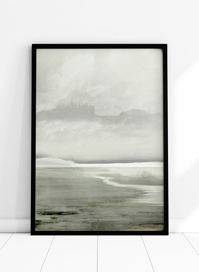 Shop Lakes No. 01 by Dan Hobday, a misty landscape art print featuring muted green water, distant hills, soft trees, and layered atmospheric texture.