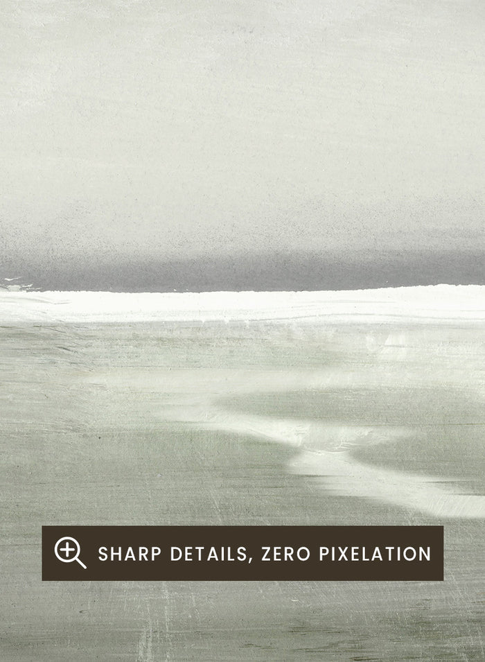 Shop Lakes No. 01 by Dan Hobday, a misty landscape art print featuring muted green water, distant hills, soft trees, and layered atmospheric texture.