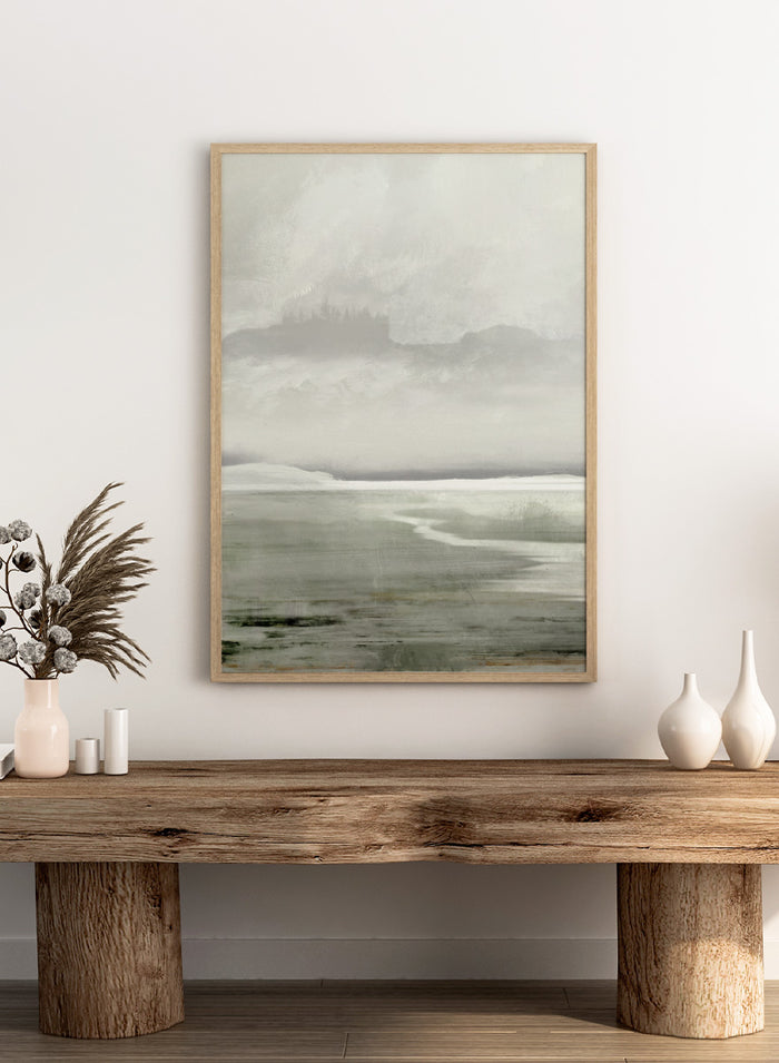 Shop Lakes No. 01 by Dan Hobday, a misty landscape art print featuring muted green water, distant hills, soft trees, and layered atmospheric texture.