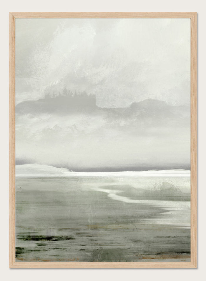 Shop Lakes No. 01 by Dan Hobday, a misty landscape art print featuring muted green water, distant hills, soft trees, and layered atmospheric texture.