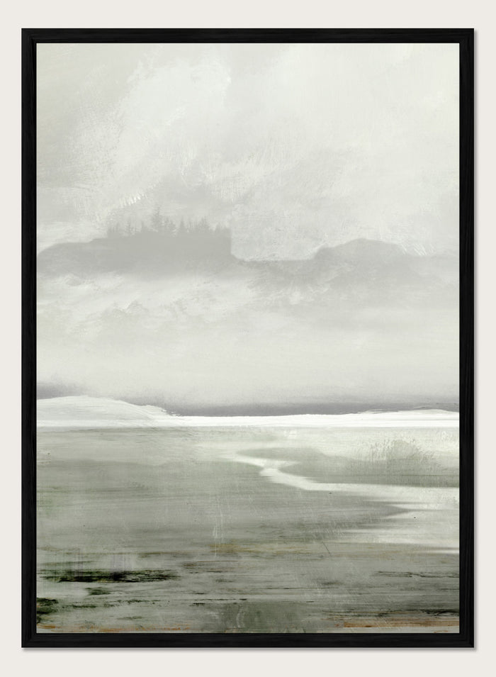 Shop Lakes No. 01 by Dan Hobday, a misty landscape art print featuring muted green water, distant hills, soft trees, and layered atmospheric texture.