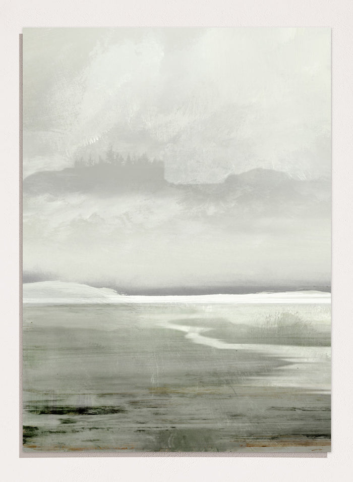 Shop Lakes No. 01 by Dan Hobday, a misty landscape art print featuring muted green water, distant hills, soft trees, and layered atmospheric texture.