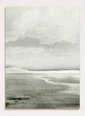 Shop Lakes No. 01 by Dan Hobday, a misty landscape art print featuring muted green water, distant hills, soft trees, and layered atmospheric texture.