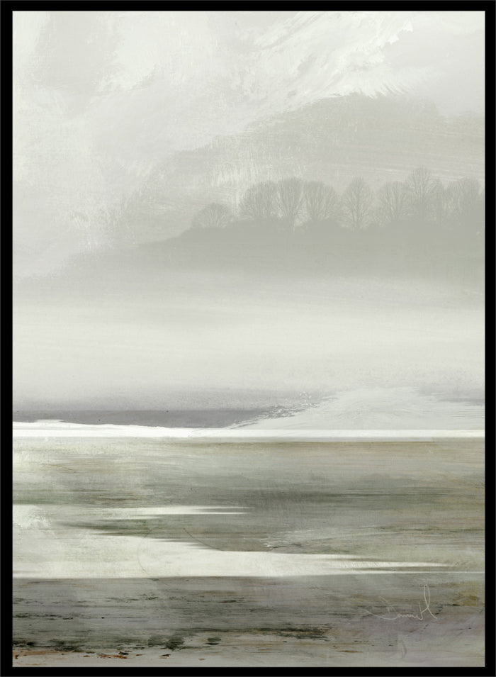 Shop Lakes No. 2 by Dan Hobday, a soft landscape art print featuring misty water, distant hills, bare trees, muted green tones, and layered texture.