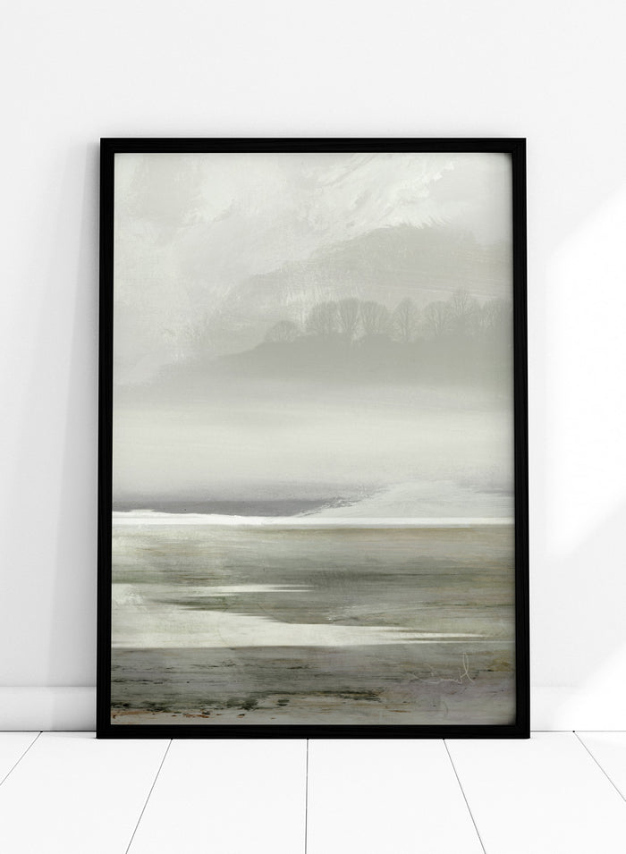 Shop Lakes No. 2 by Dan Hobday, a soft landscape art print featuring misty water, distant hills, bare trees, muted green tones, and layered texture.
