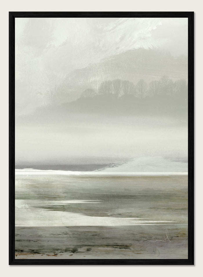 Shop Lakes No. 2 by Dan Hobday, a soft landscape art print featuring misty water, distant hills, bare trees, muted green tones, and layered texture.