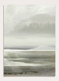 Shop Lakes No. 2 by Dan Hobday, a soft landscape art print featuring misty water, distant hills, bare trees, muted green tones, and layered texture.