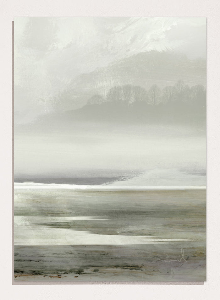 Shop Lakes No. 2 by Dan Hobday, a soft landscape art print featuring misty water, distant hills, bare trees, muted green tones, and layered texture.