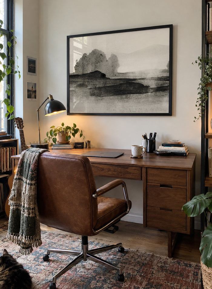 Shop Land No. 01 by Dan Hobday, a muted landscape art print featuring dark landforms, soft trees, distant hills, and layered neutral texture.