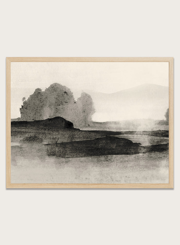 Shop Land No. 01 by Dan Hobday, a muted landscape art print featuring dark landforms, soft trees, distant hills, and layered neutral texture.