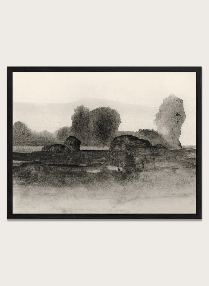 Shop Land No. 02 by Dan Hobday, a moody landscape art print featuring dark trees, layered fields, muted neutral tones, and soft atmospheric texture.
