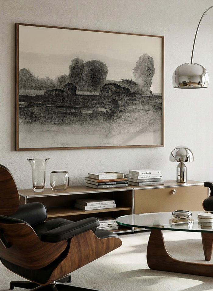 Shop Land No. 02 by Dan Hobday, a moody landscape art print featuring dark trees, layered fields, muted neutral tones, and soft atmospheric texture.