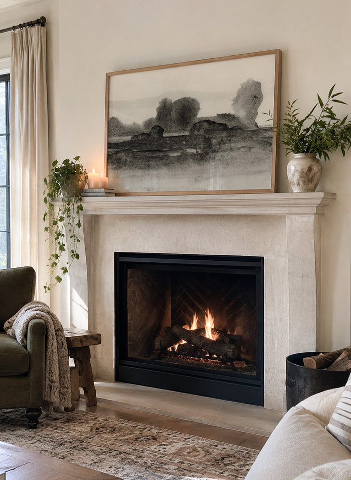 Shop Land No. 02 by Dan Hobday, a moody landscape art print featuring dark trees, layered fields, muted neutral tones, and soft atmospheric texture.