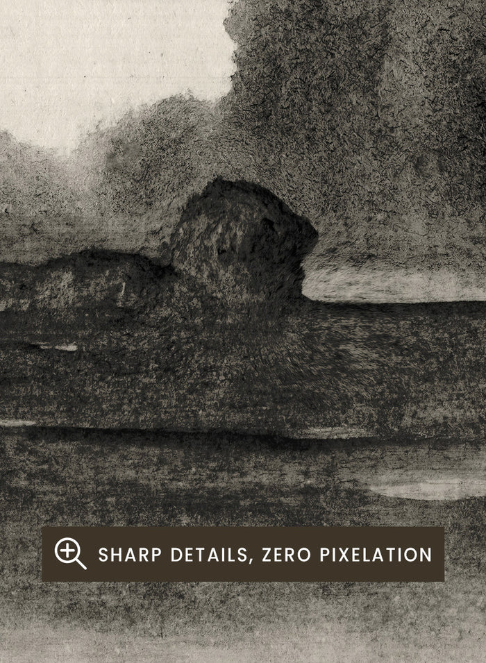 Shop Land No. 02 by Dan Hobday, a moody landscape art print featuring dark trees, layered fields, muted neutral tones, and soft atmospheric texture.