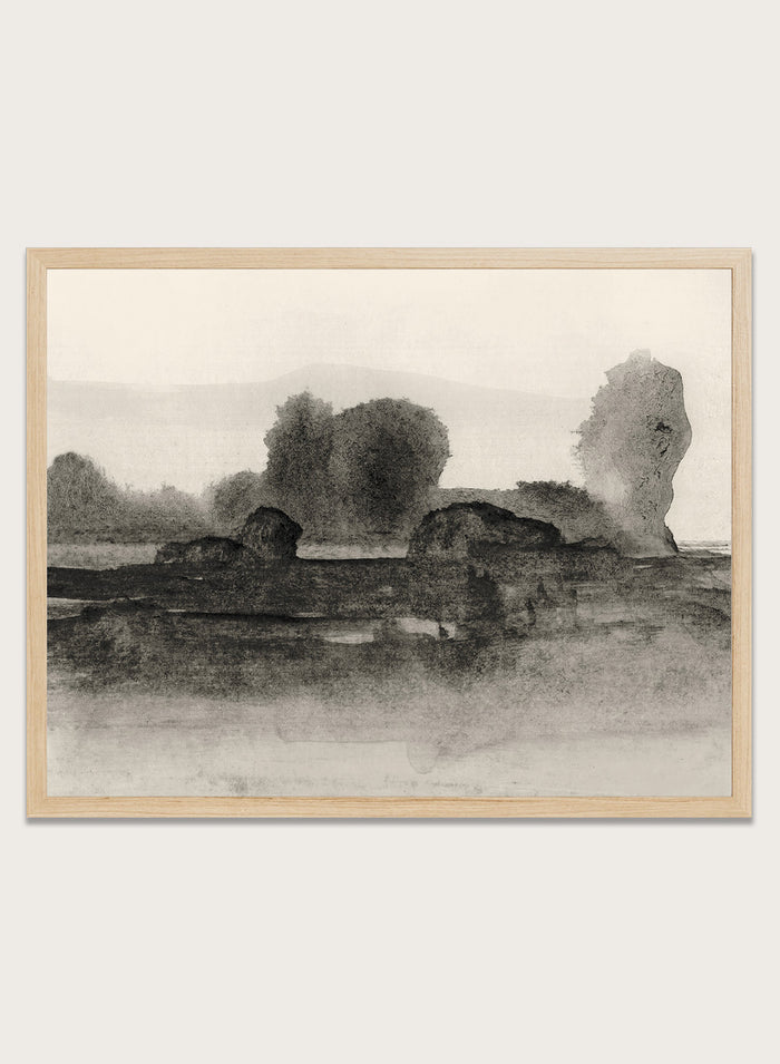 Shop Land No. 02 by Dan Hobday, a moody landscape art print featuring dark trees, layered fields, muted neutral tones, and soft atmospheric texture.