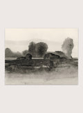 Shop Land No. 02 by Dan Hobday, a moody landscape art print featuring dark trees, layered fields, muted neutral tones, and soft atmospheric texture.