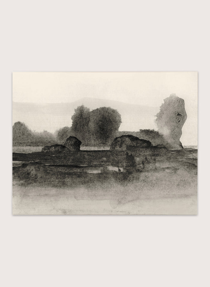 Shop Land No. 02 by Dan Hobday, a moody landscape art print featuring dark trees, layered fields, muted neutral tones, and soft atmospheric texture.
