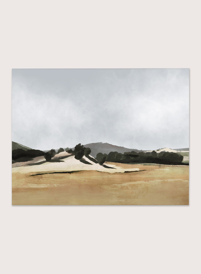 Shop Lazy Afternoon by Dan Hobday, a warm landscape art print featuring golden fields, dark trees, rolling hills, and soft late-summer tones.
