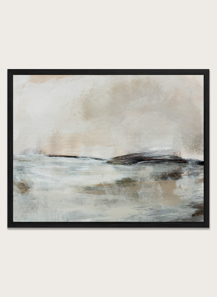 Shop Lost Time by Dan Hobday, a contemporary landscape wall art print with an abstract horizon, soft beige and blue tones, and layered textured brushwork.