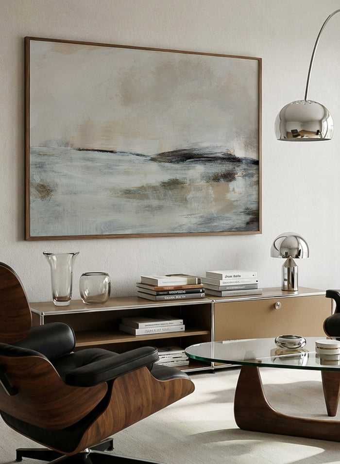 Shop Lost Time by Dan Hobday, a contemporary landscape wall art print with an abstract horizon, soft beige and blue tones, and layered textured brushwork.