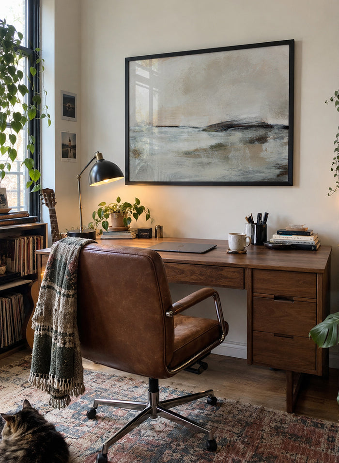 Shop Lost Time by Dan Hobday, a contemporary landscape wall art print with an abstract horizon, soft beige and blue tones, and layered textured brushwork.