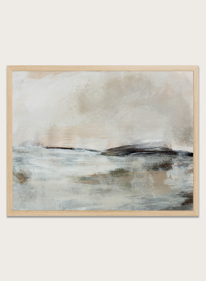 Shop Lost Time by Dan Hobday, a contemporary landscape wall art print with an abstract horizon, soft beige and blue tones, and layered textured brushwork.