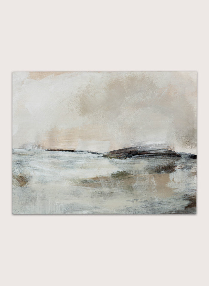 Shop Lost Time by Dan Hobday, a contemporary landscape wall art print with an abstract horizon, soft beige and blue tones, and layered textured brushwork.