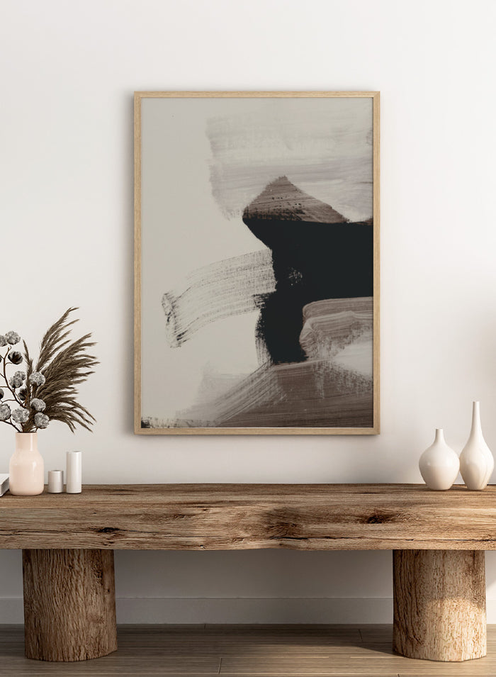 Shop Mellow No. 01 by Dan Hobday, a contemporary abstract art print featuring bold black forms, soft neutral brushwork, and layered earthy texture.