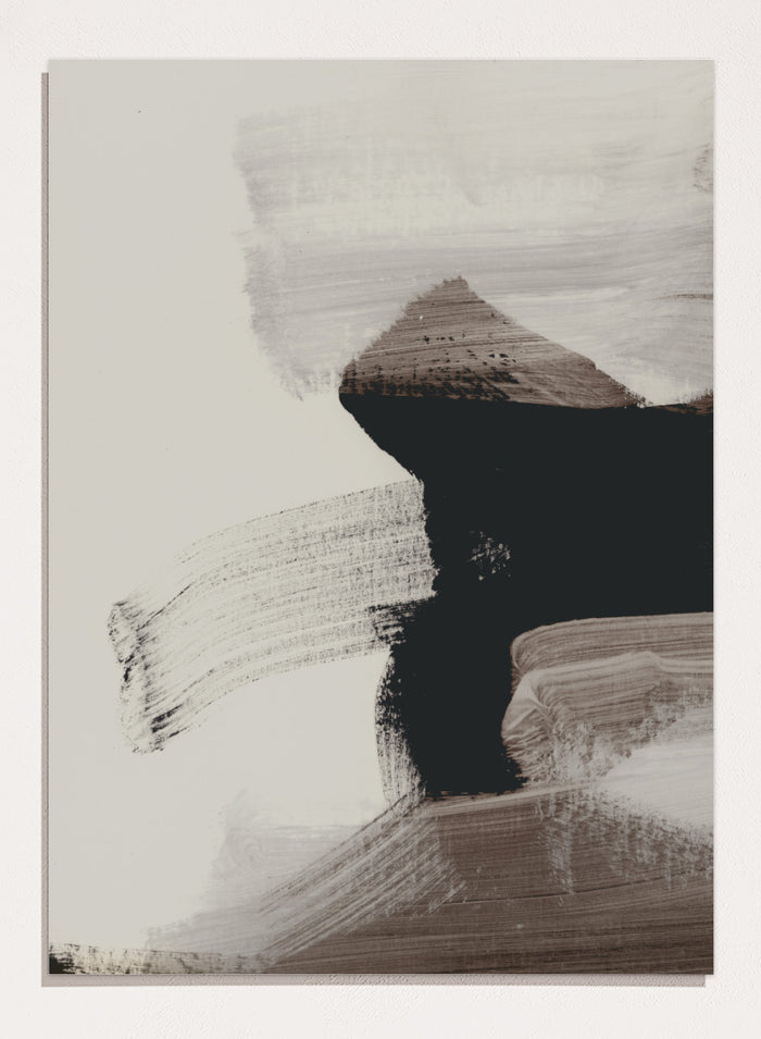 Shop Mellow No. 01 by Dan Hobday, a contemporary abstract art print featuring bold black forms, soft neutral brushwork, and layered earthy texture.