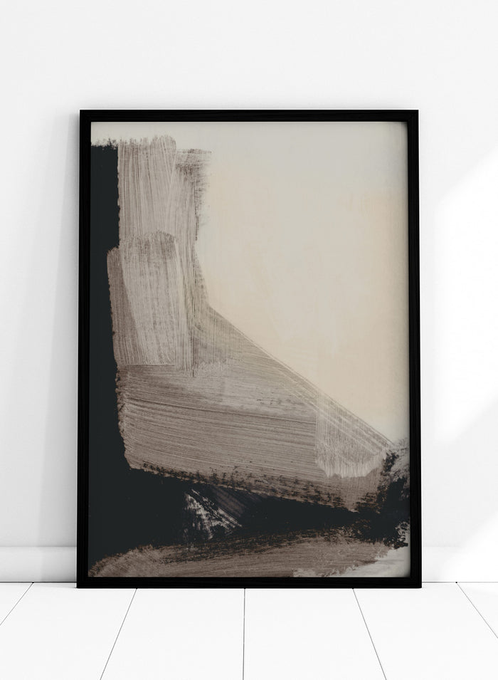 Shop Mellow No. 02 by Dan Hobday, a contemporary abstract art print featuring taupe, cream, and black forms with bold layered brush texture.