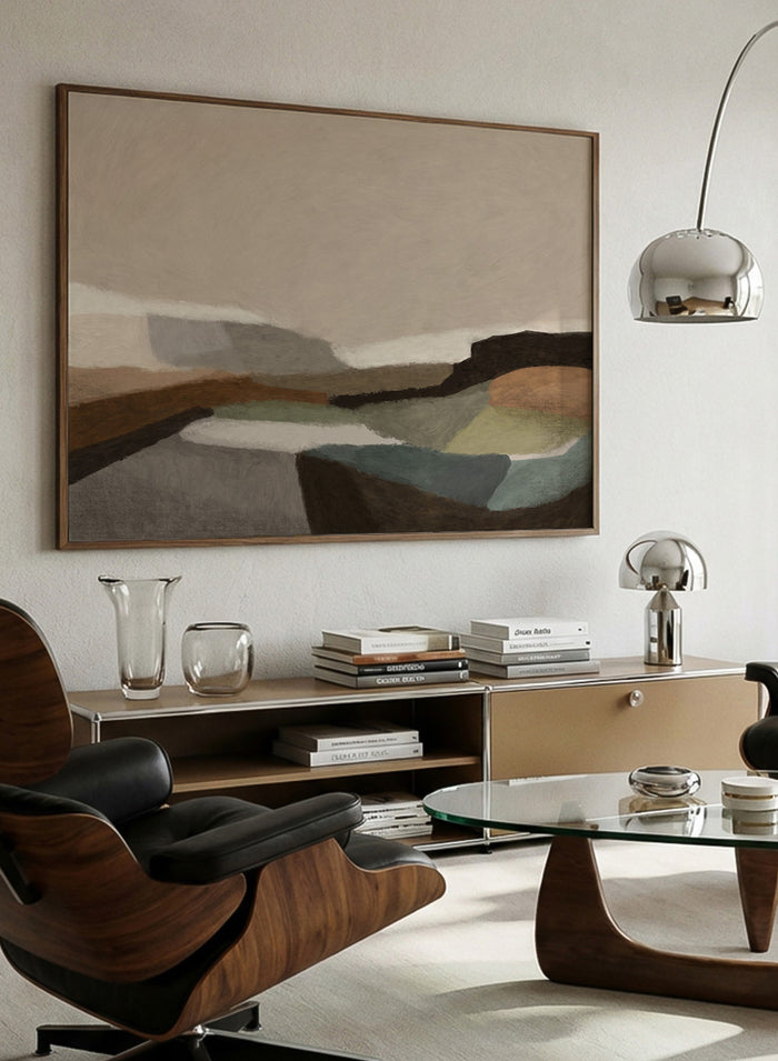 Shop Montego by Dan Hobday, a contemporary landscape art print featuring earthy brown, olive, taupe, gray, and muted blue with simplified layered forms.